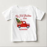 My First Christmas Vintage Red Truck Candy Canes Baby T-Shirt<br><div class="desc">Modern Brush Script My First Christmas Baby First Christmas T-Shirt includes Watercolor Vintage Red Truck with Christmas Trees,  Snow,  Christmas Presents and Candy Canes. Red Script.</div>