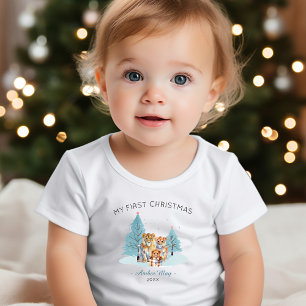 My First Christmas Watercolor Cute Lions  Baby T-Shirt