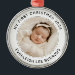 My First Christmas White Personalised Baby Photo  Metal Ornament<br><div class="desc">Elegant 'My First Christmas' ornament with your baby girl's photo, her full name, and the year of her birth. Elegant black shaped text. Simply upload your photo and move it around for your placement. Create a close in photo of your baby's face. Replace this sample photo with your own adorable...</div>