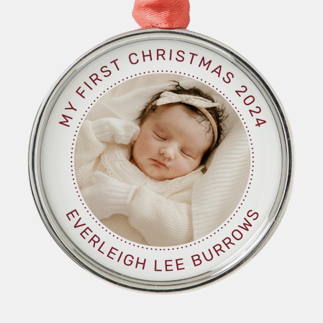 My First Christmas White Personalized Baby Photo  Metal Ornament (Front)
