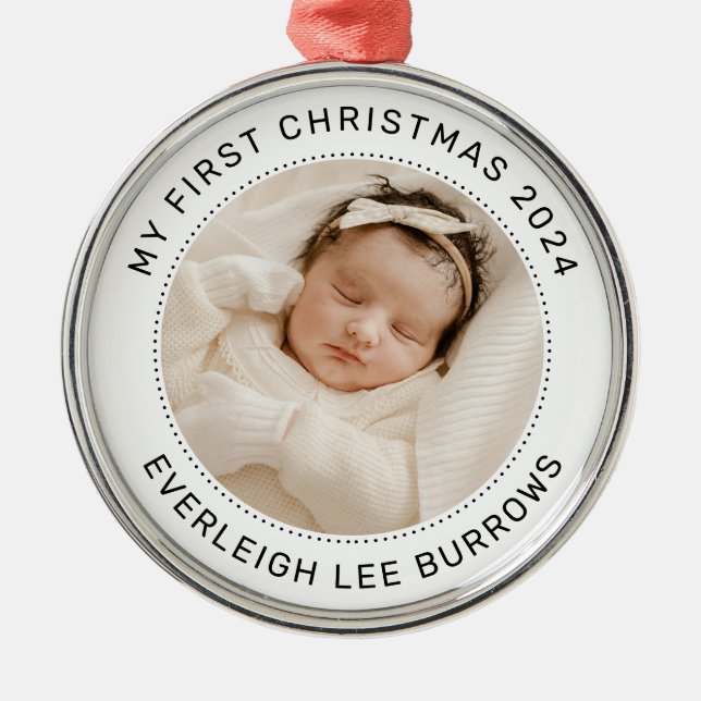 My First Christmas White Personalized Baby Photo  Metal Ornament (Front)
