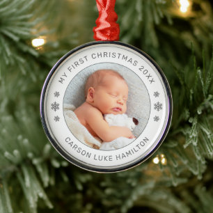 My First Christmas White Pewter Baby Boy Photo Metal Ornament