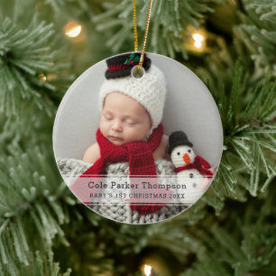 My First Christmas White Stripe Custom Baby Photo Ceramic Ornament