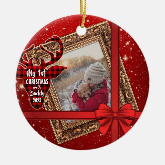 My First Christmas With Gold Frame Red Bow Photo Ceramic Ornament (Front)
