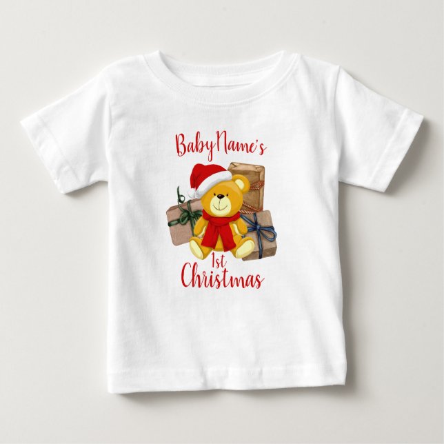 My First Christmas with name cute bear presents  Baby T-Shirt (Front)