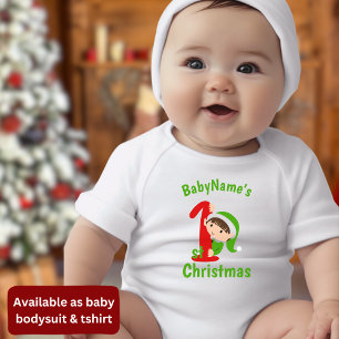 My First Christmas with name cute green elf Baby Bodysuit