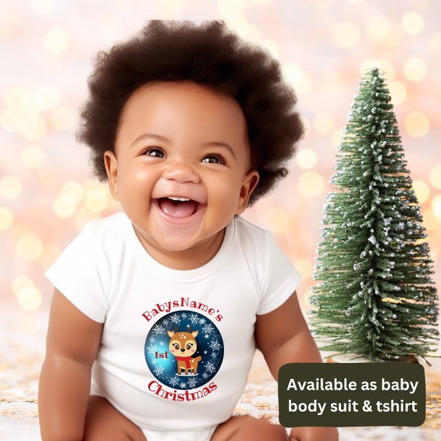 My First Christmas with name cute reindeer bleu Baby Bodysuit (Creator Uploaded)