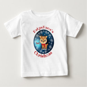 My First Christmas with name cute reindeer bleu Baby T-Shirt