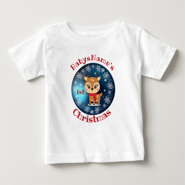 My First Christmas with name cute reindeer bleu Baby T-Shirt (Front)