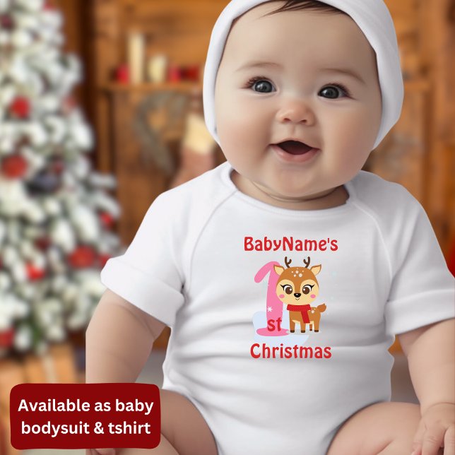 My First Christmas with name cute reindeer girl Baby Bodysuit (Creator Uploaded)