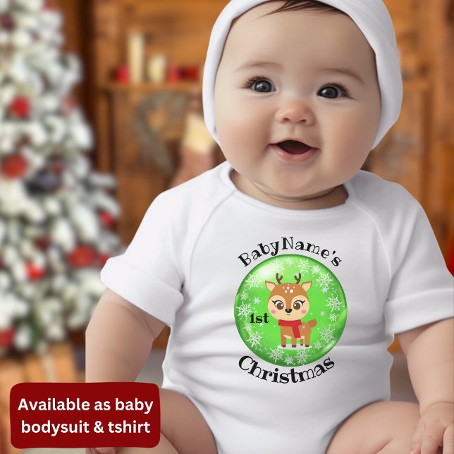 My First Christmas with name cute reindeer green Baby Bodysuit (Creator Uploaded)