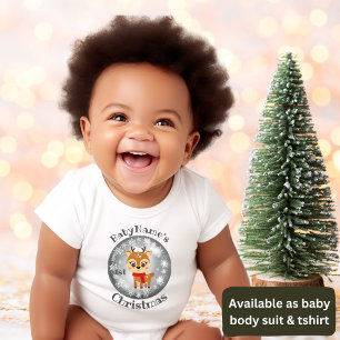 My First Christmas with name cute reindeer silver Baby Bodysuit