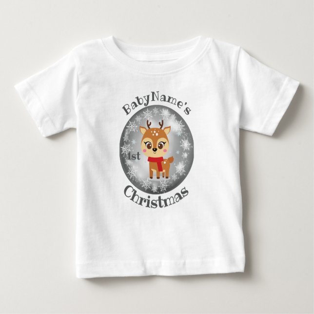 My First Christmas with name cute reindeer silver Baby T-Shirt (Front)