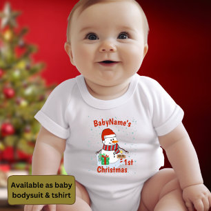 My First Christmas with name cute snowmen Baby Bodysuit