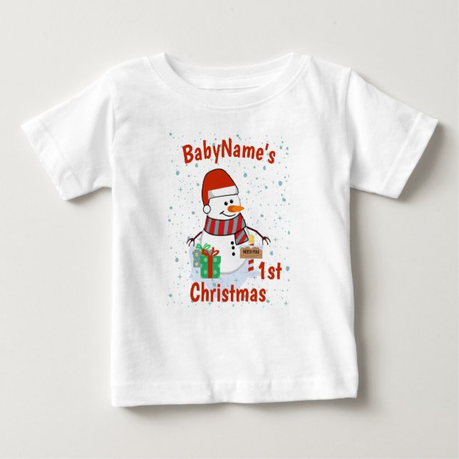 My First Christmas with name cute snowmen  Baby T-Shirt (Front)