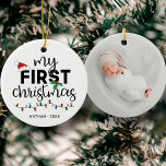 My first Christmas with name photo Ceramic Ornament<br><div class="desc">Lovely first Christmas ornament decorated with a red Santa hat,  holly leaves,  and colorful Christmas lights. Easily customizable with the baby's name and current year and one of your favorite pictures on the reverse.</div>