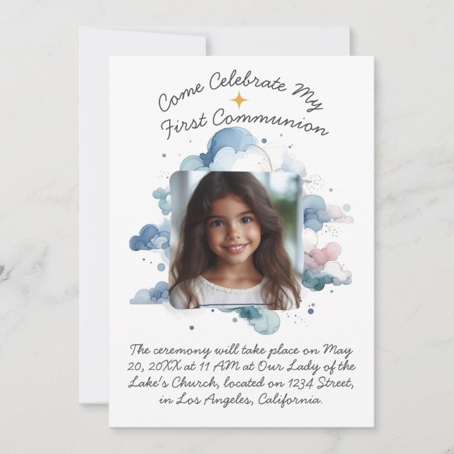 My First Communion Watercolor Clouds Invitation (Front)