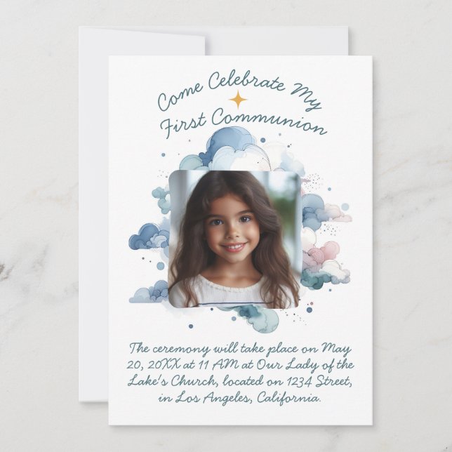 My First Communion Watercolor Clouds Invitation (Front)