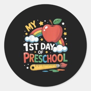My First Day Of Preschool Funny Colourful Rainbow  Classic Round Sticker