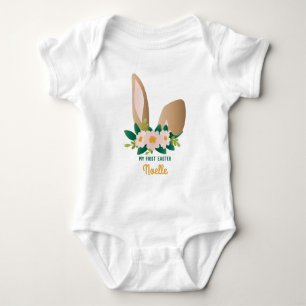 My First Easter! Brown Bunny Ears Floral Headpiece Baby Bodysuit