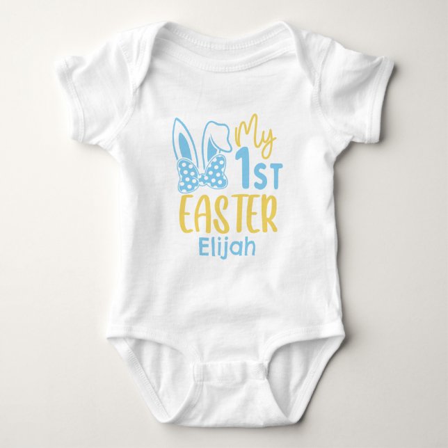 My First Easter Bunny Ears Boy Blue Baby Bodysuit (Front)