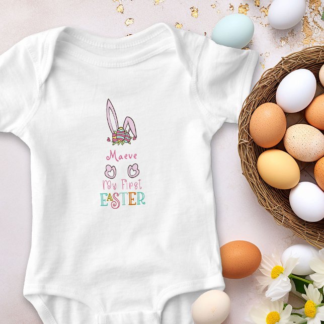 My First Easter Eggs and Pink Bunny Ears Girl Baby Bodysuit (Personalized Bodysuit for Baby's First Easter)