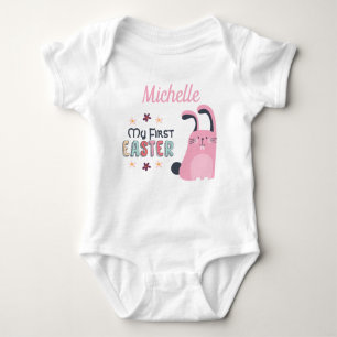 My first Easter with pink cartoon bunny and name Baby Bodysuit