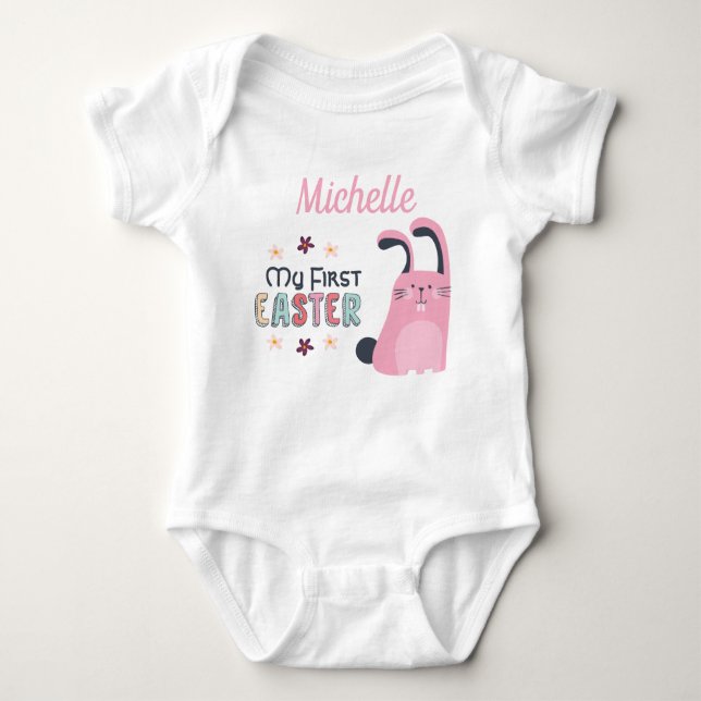 My first Easter with pink cartoon bunny and name Baby Bodysuit (Front)