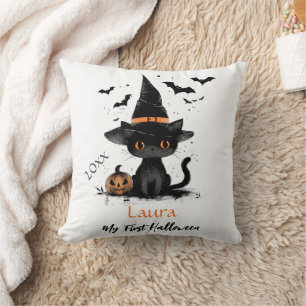 My First Halloween Cute Cat Bats Pumpkin Baby Name Cushion
