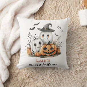 My First Halloween Cute Ghost Pumpkin Baby Name Cushion