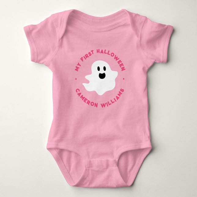 My first Halloween cute happy cartoon ghost pink Baby Bodysuit (Front)