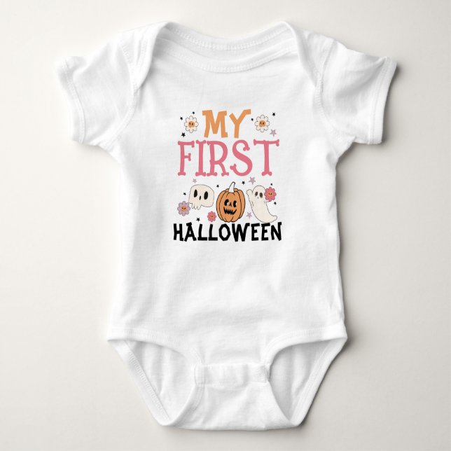 My First Halloween Cute Pumpkin Ghost Groovy Baby Bodysuit (Front)