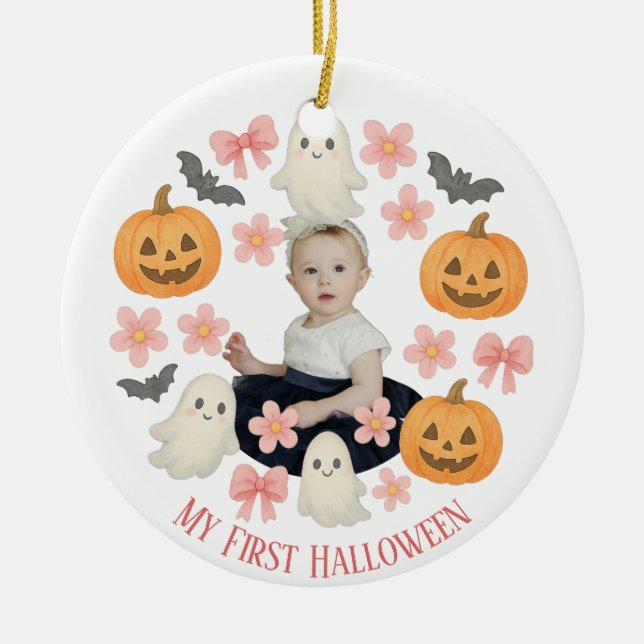 My First Halloween | Cute Pumpkin & Ghost Wreath  Ceramic Ornament (Front)