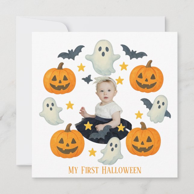 My First Halloween | Cute Pumpkin & Ghost Wreath  Holiday Card (Front)