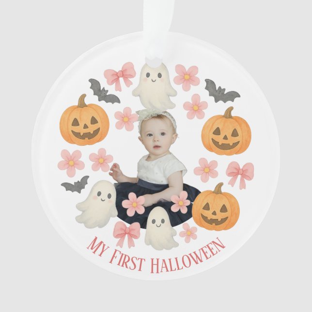 My First Halloween | Cute Pumpkin & Ghost Wreath  Ornament (Front)