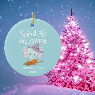 My First Halloween Cute Witch Elephant Name & Date Ceramic Ornament
