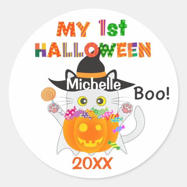 My First Halloween Ghost Cat Classic Round Sticker (Front)