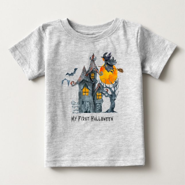 My First Halloween - Haunted House, Bat, Witch Baby T-Shirt (Front)