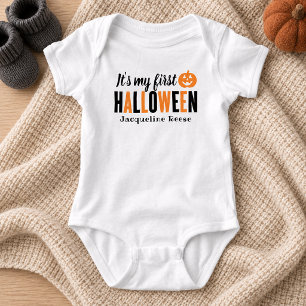 My First Halloween Modern Orange Black with Name Baby Bodysuit