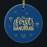 My First Hanukkah Blue, Star, Menorah Ceramic Ornament<br><div class="desc">Celebrate the joy of the first Hanukkah with a special, personalised photo of your newborn! This unique design features elegant colours of blue and golden with Stars of David, a menorah, and typography. Easily change the text by clicking on the "personalise this template" option. Check out this collection for matching...</div>
