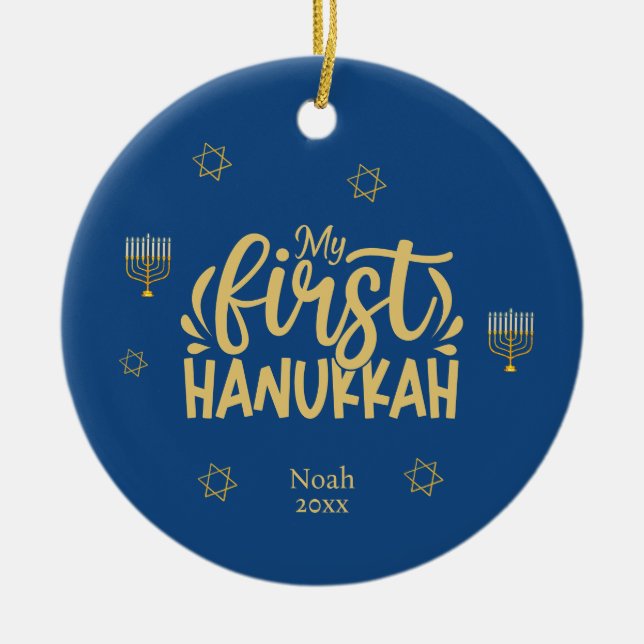 My First Hanukkah Blue, Star, Menorah Ceramic Ornament (Front)