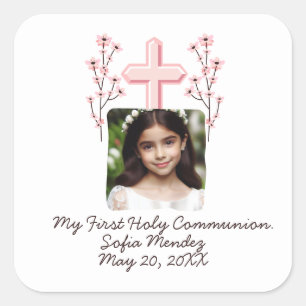 My First Holy Communion Custom Photo Floral  Square Sticker