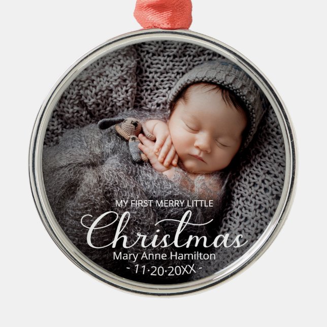 My First Merry Little Christmas Newborn Baby Metal Ornament (Front)