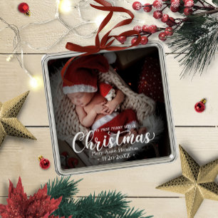 My First Merry Little Christmas Newborn Baby Photo Metal Ornament