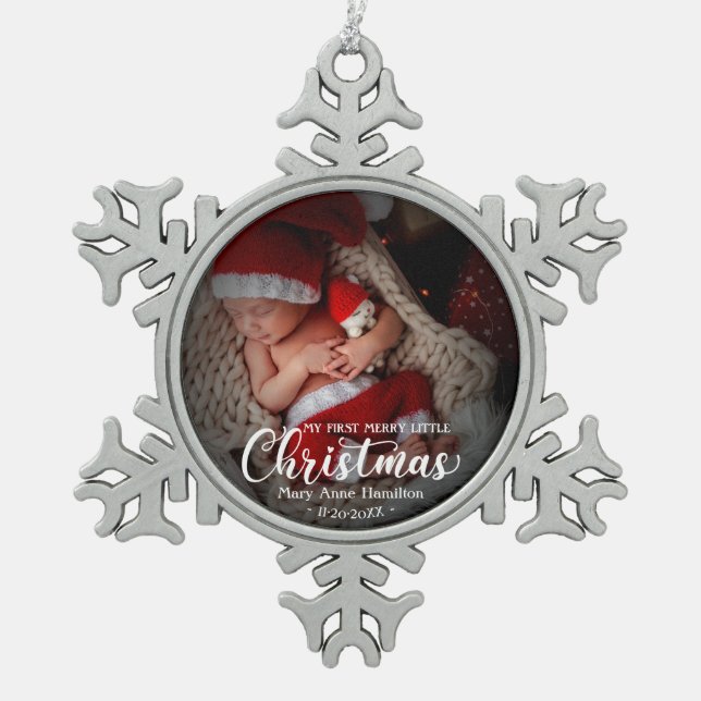 My First Merry Little Christmas Newborn Baby Photo Snowflake Pewter Christmas Ornament (Front)