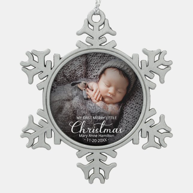 My First Merry Little Christmas Newborn Baby Snowflake Pewter Christmas Ornament (Front)