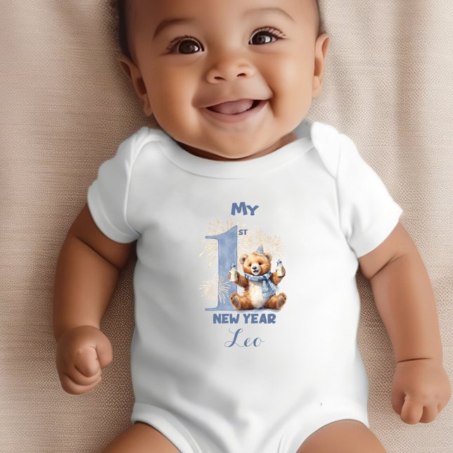 My First New Year Boy Name Blue Bear Baby Bodysuit (My First New Year Boy Name Blue Bear Baby Bodysuit)