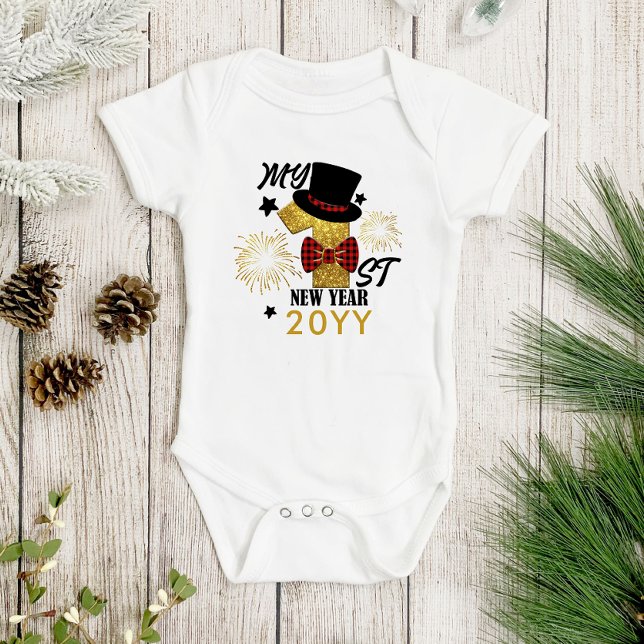 My First New Year Cute Baby Boy Gold Glitter Baby Bodysuit (Creator Uploaded)