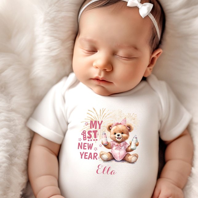My First New Year Girl Name Funny Pink Bear Baby Bodysuit (My First New Year Girl Name Funny Pink Bear Baby Bodysuit)