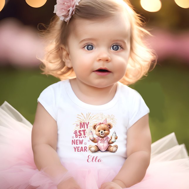 My First New Year Girl Name Pink Bear Baby T-shirt (My First New Year Girl Name Pink Bear Baby T-shirt)